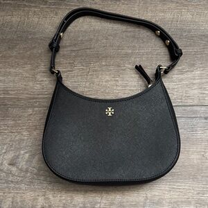Tory Burch Black Saffiano Leather Crescent Shoulder Bag with Gold Logo